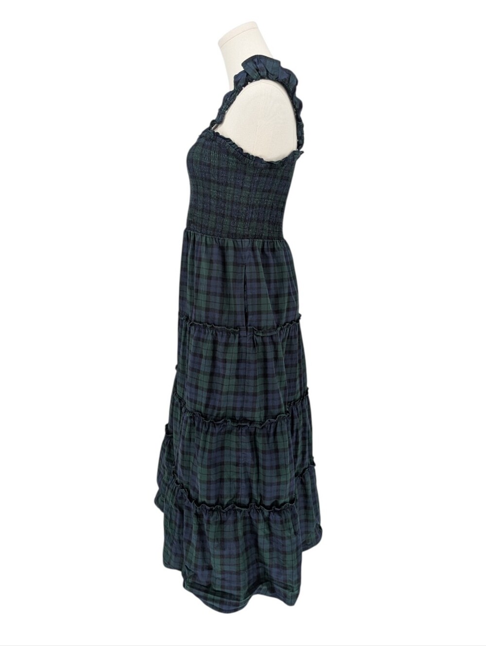 J.Crew Black Watch Tartan Tiered Sleeveless Midi Dress | Size XS | Green Navy - Picture 5 of 10